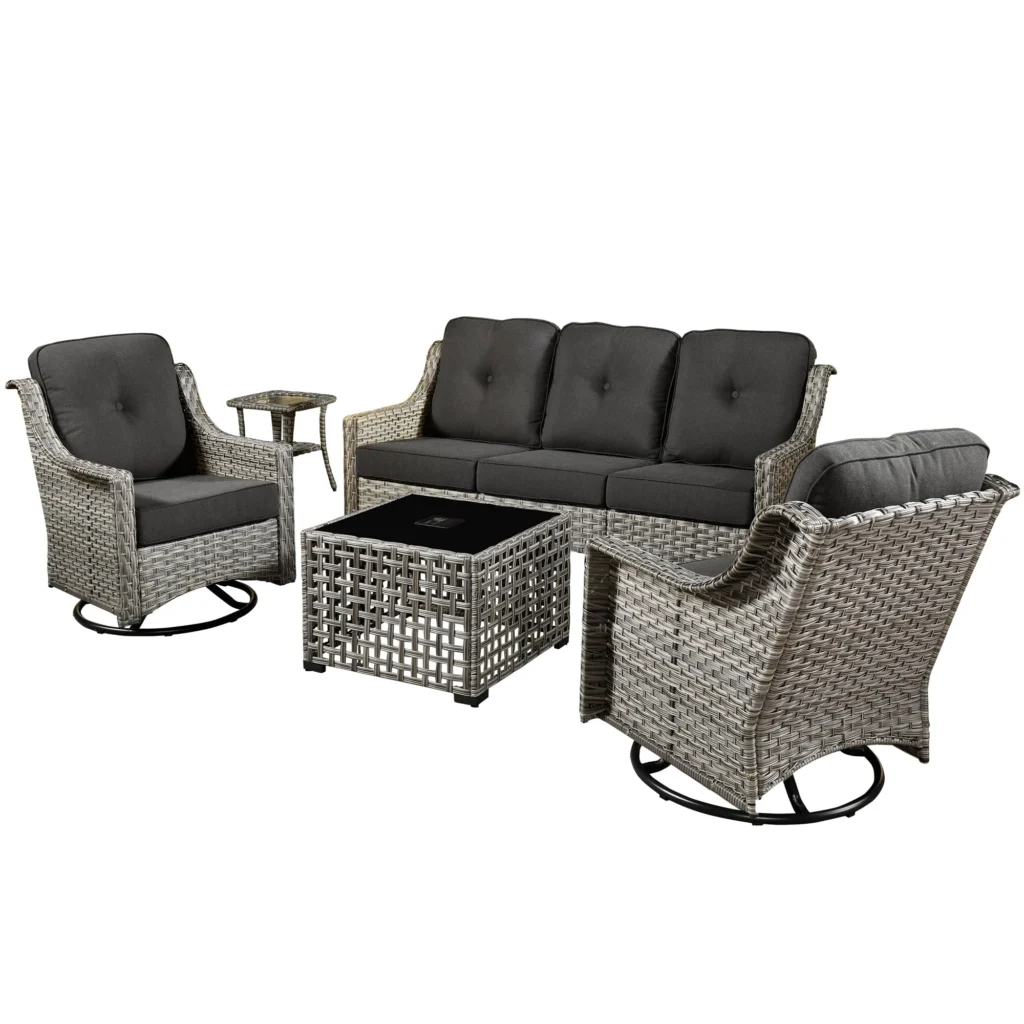 Ovios 5-Piece High Back Wicker Patio Set – Swivel Rockers, Solar — alternate angle showing full product
