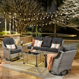 Ovios 5 Pieces High Back Outdoor Patio Furniture Wicker Sectional Conversation Sofa Rocking Swivel Chairs Solar Lamps Coffee Table Backyard