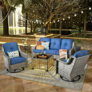 Ovios 5 Pieces High Back Outdoor Patio Furniture Wicker Sectional Conversation Sofa Rocking Swivel Chairs Solar Lamps Coffee Table Backyard