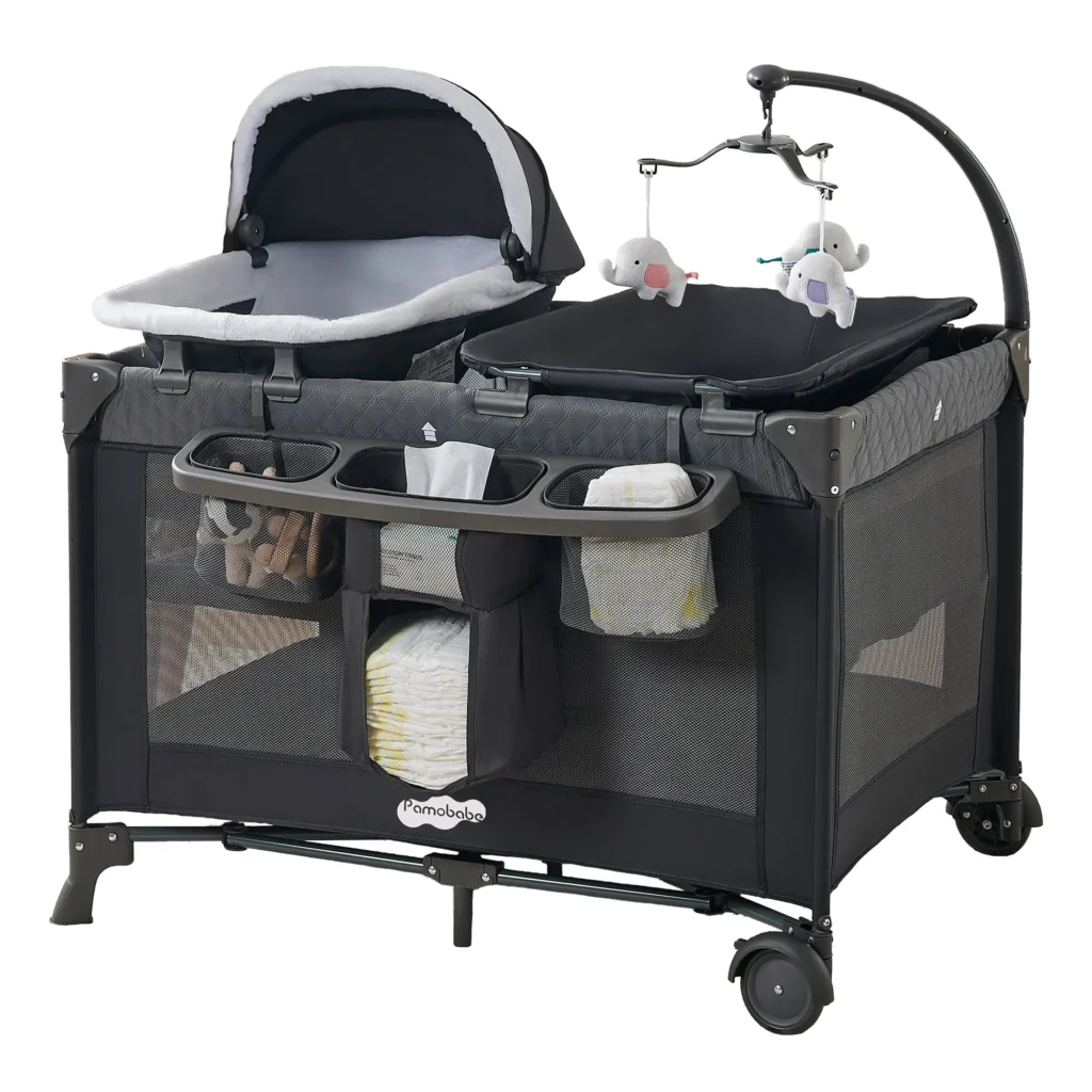 Pamo Babe Unisex Nursery Center Playard with Bassinet Changing Table Grey