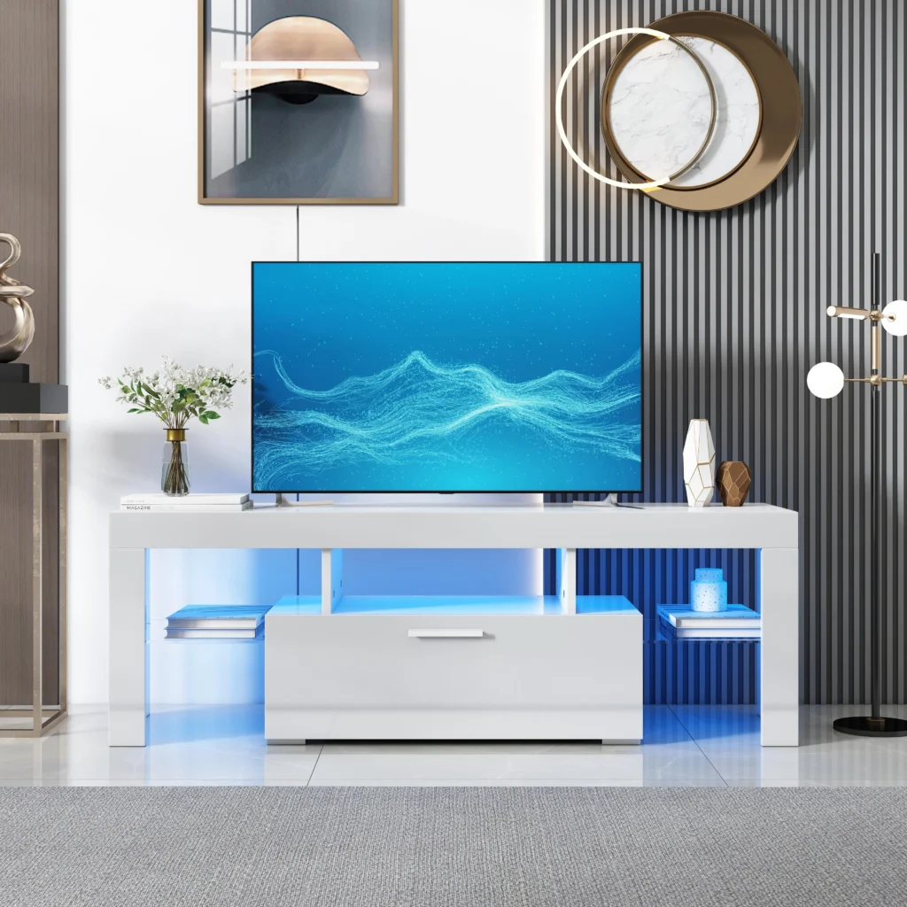 PAPROOS TV Stand TVs 55 High Gloss Cabinet LED Light Modern Console Table Storage Drawers Media Television Entertainment Center Black