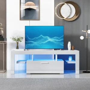 PAPROOS TV Stand TVs 55 High Gloss Cabinet LED Light Modern Console Table Storage Drawers Media Television Entertainment Center Black