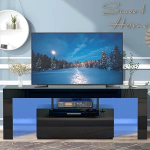 PAPROOS TV Stand TVs 55 High Gloss Cabinet LED Light Modern Console Table Storage Drawers Media Television Entertainment Center Black