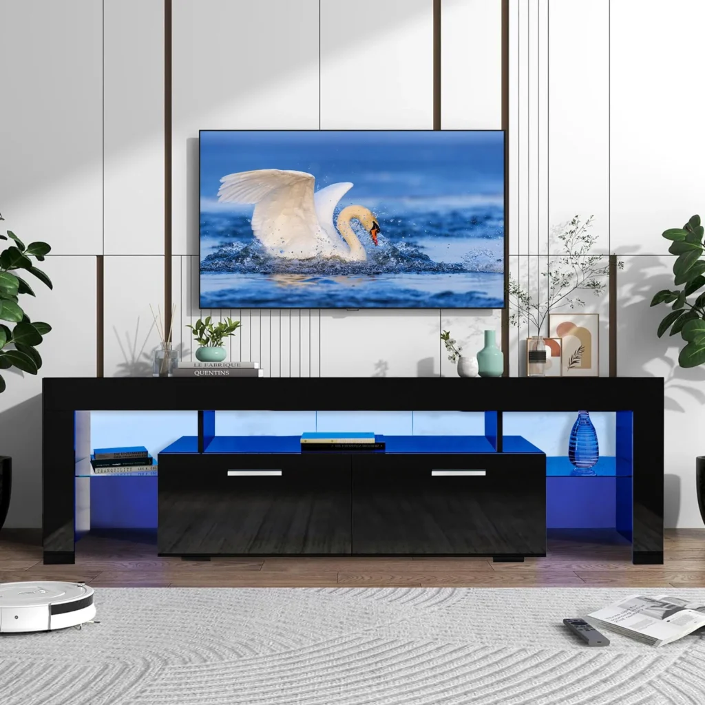 PAPROOS High Gloss TV Stand with LED Light – Modern Storage for 55″ TVs — alternate angle showing full product