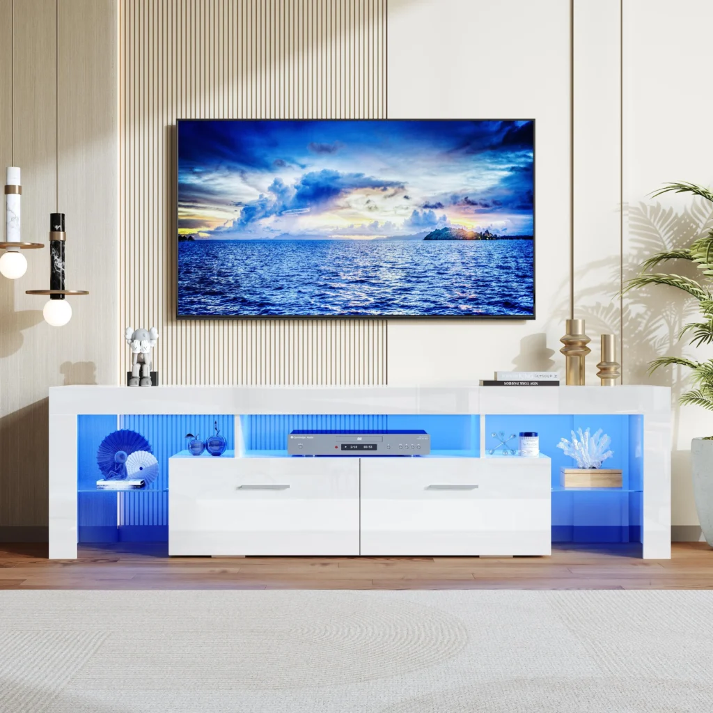 PAPROOS High Gloss TV Stand with LED Light – Modern Storage for 55″ TVs — close-up detail of design and finish