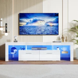 PAPROOS TV Stand TVs 55 High Gloss Cabinet LED Light Modern Console Table Storage Drawers Media Television Entertainment Center Black