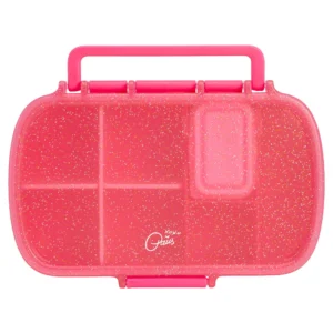 Paris Hilton Bento Style Heart Shaped Snack Box 4 Compartments Glitter Infused Lid Built In Phone Stand Removable Wrist Strap Pink