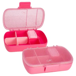Paris Hilton Bento Style Heart Shaped Snack Box 4 Compartments Glitter Infused Lid Built In Phone Stand Removable Wrist Strap Pink