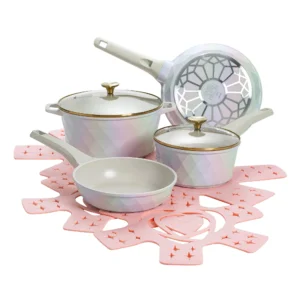 Paris Hilton Clean Ceramic Nonstick Cast Aluminum Cookware Set with Heart Shaped Lid Knobs Pink