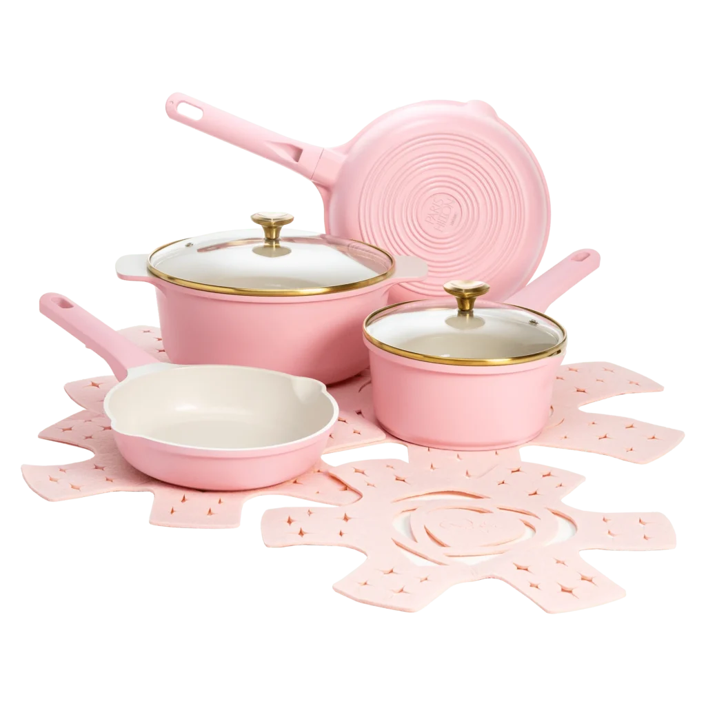 Paris Hilton Clean Ceramic Nonstick Cookware Set – Pink Hearts — close-up detail of design and finish