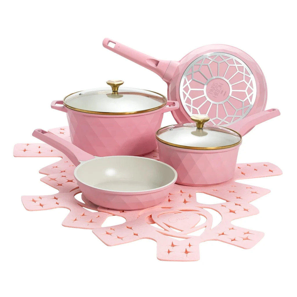 Paris Hilton Clean Ceramic Nonstick Cast Aluminum Cookware Set with Heart Shaped Lid Knobs Pink
