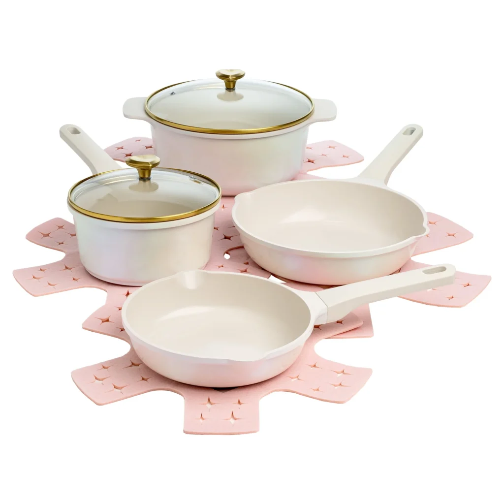 Paris Hilton Clean Ceramic Nonstick Cookware Set – Pink Hearts — alternate angle showing full product