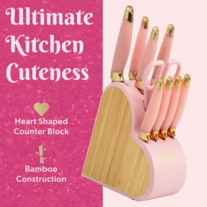 Paris Hilton Heart Shaped Knife Block Set – 10-Piece Stainless Steel in Pink