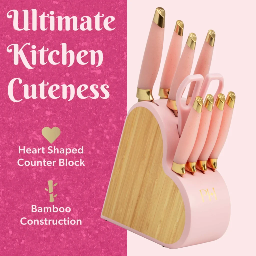 Paris Hilton Heart Shaped Knife Block Set – 10-Piece Stainless Steel in Pink — close-up detail of design and finish