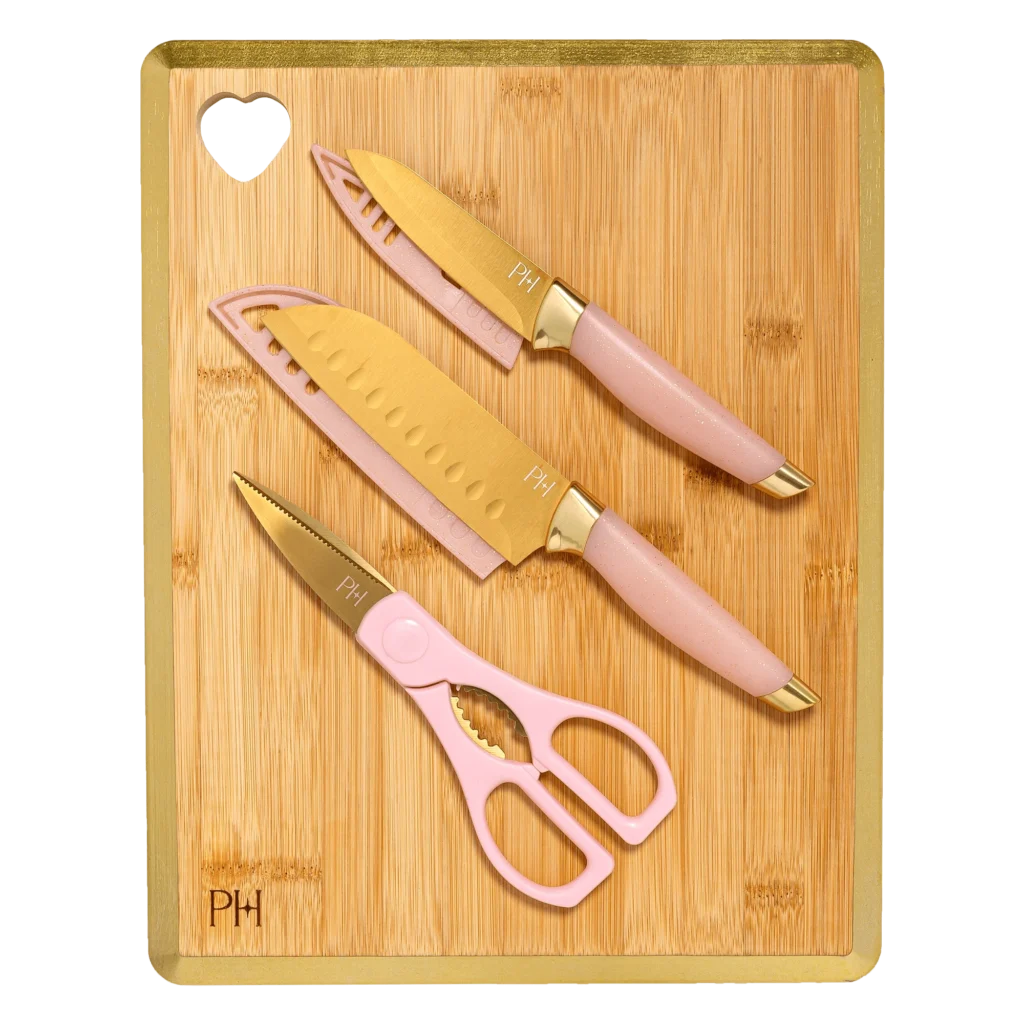 Paris Hilton Heart Shaped Knife Block Set – 10-Piece Stainless Steel in Pink — alternate angle showing full product