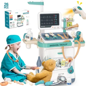 PayUSD Doctor Kit Kids Doctor Set Pretend Play Medical Kit Station Set Girls Boys Dr Playset Role Play Mobile Cart Trolley Toddler Toys Christmas Gif