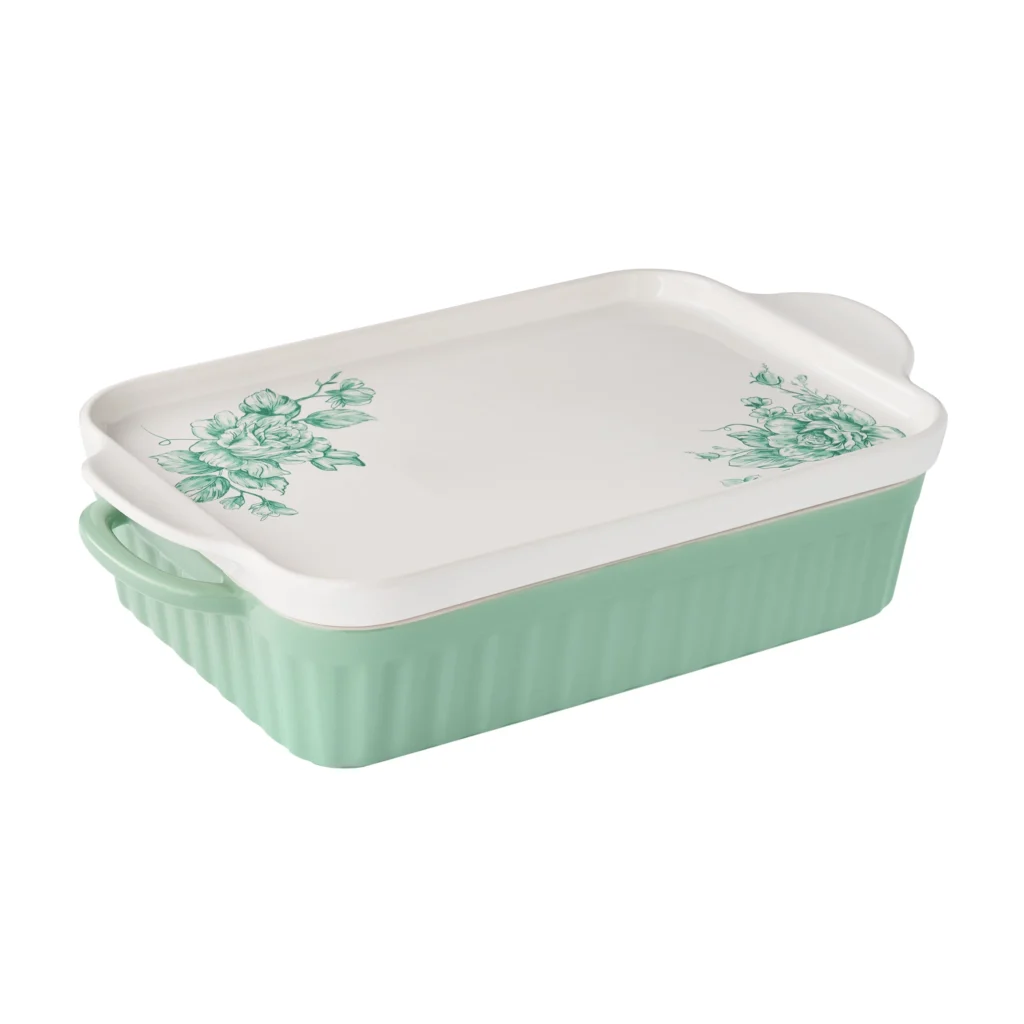 Pioneer Woman Agatha Green Large Baker with Lid – Versatile Stoneware — close-up detail of design and finish