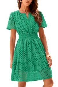 PRETTYGARDEN Womens Summer Maxi Dress Short Sleeve V Neck Hollow Out Eyelet A Line Long Flowy Beach Vacation Dresses