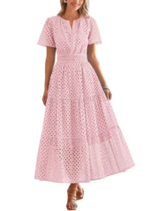 PRETTYGARDEN Womens Summer Maxi Dress Short Sleeve V Neck Hollow Out Eyelet A Line Long Flowy Beach Vacation Dresses