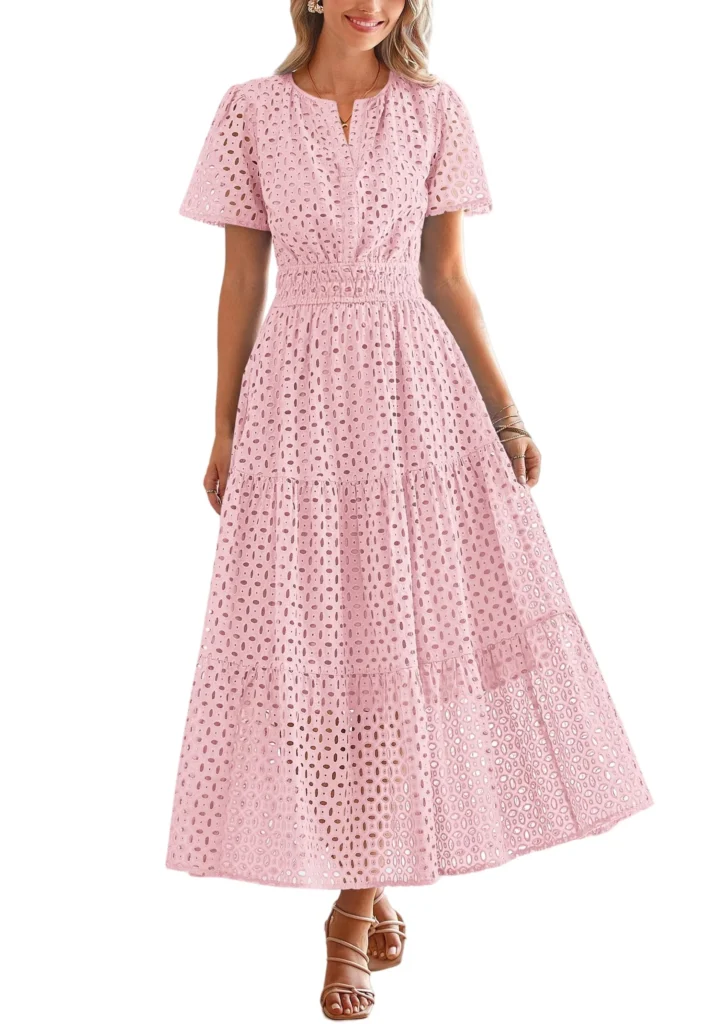PRETTYGARDEN Womens Summer Maxi Dress Short Sleeve V Neck Hollow Out Eyelet A Line Long Flowy Beach Vacation Dresses