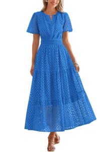PRETTYGARDEN Womens Summer Maxi Dress Short Sleeve V Neck Hollow Out Eyelet A Line Long Flowy Beach Vacation Dresses