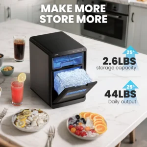 Qunler Nugget Ice Maker Countertop 33lbs Per Day Pebble Ice Machine with Soft Chewable Ice for Home Kitchen Office Stainless Steel Black