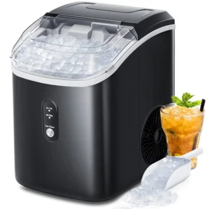 Qunler Nugget Ice Maker Countertop 33lbs Per Day Pebble Ice Machine with Soft Chewable Ice for Home Kitchen Office Stainless Steel Black