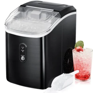 Qunler Nugget Ice Maker Countertop 33lbs Per Day Pebble Ice Machine with Soft Chewable Ice for Home Kitchen Office Stainless Steel Black