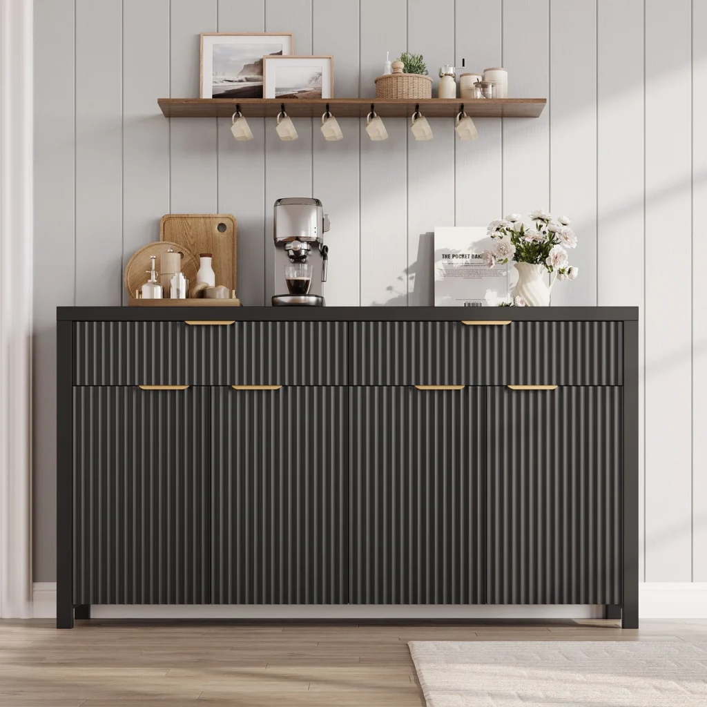 Rendpas Fluted Accent Sideboard Cabinet – Adjustable Shelves, Black — alternate angle showing full product