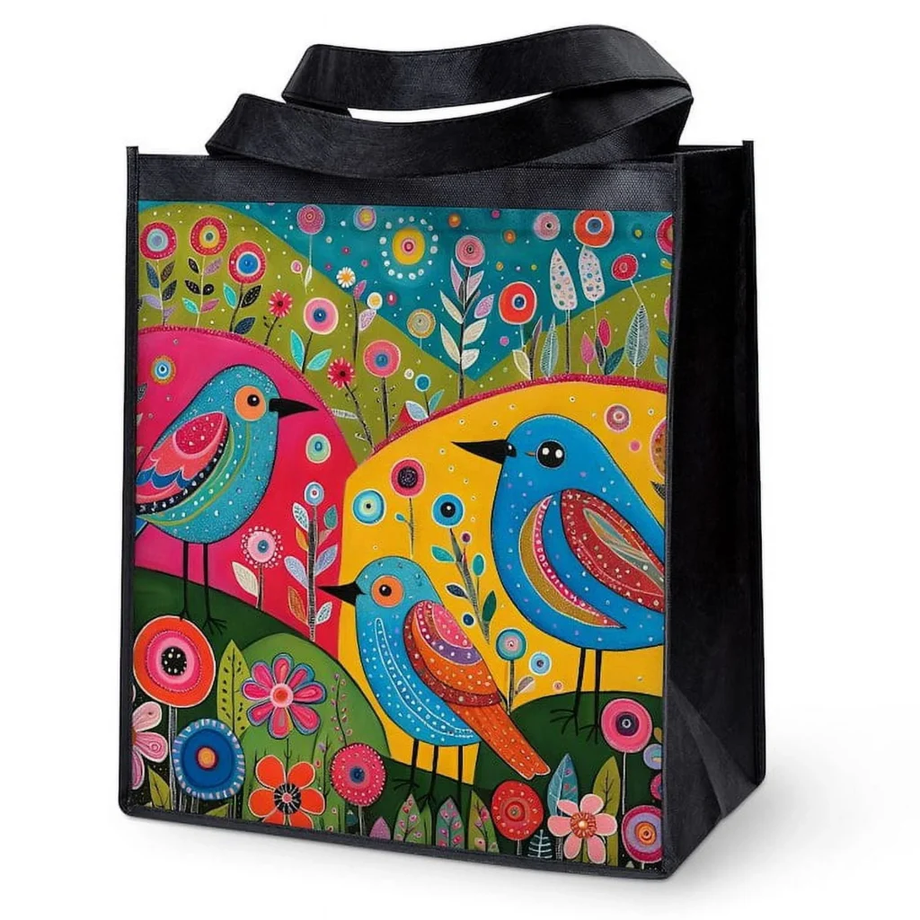 Eco-Friendly Wide Reusable Grocery Bag – Abstract Blue/Yellow Design — alternate angle showing full product