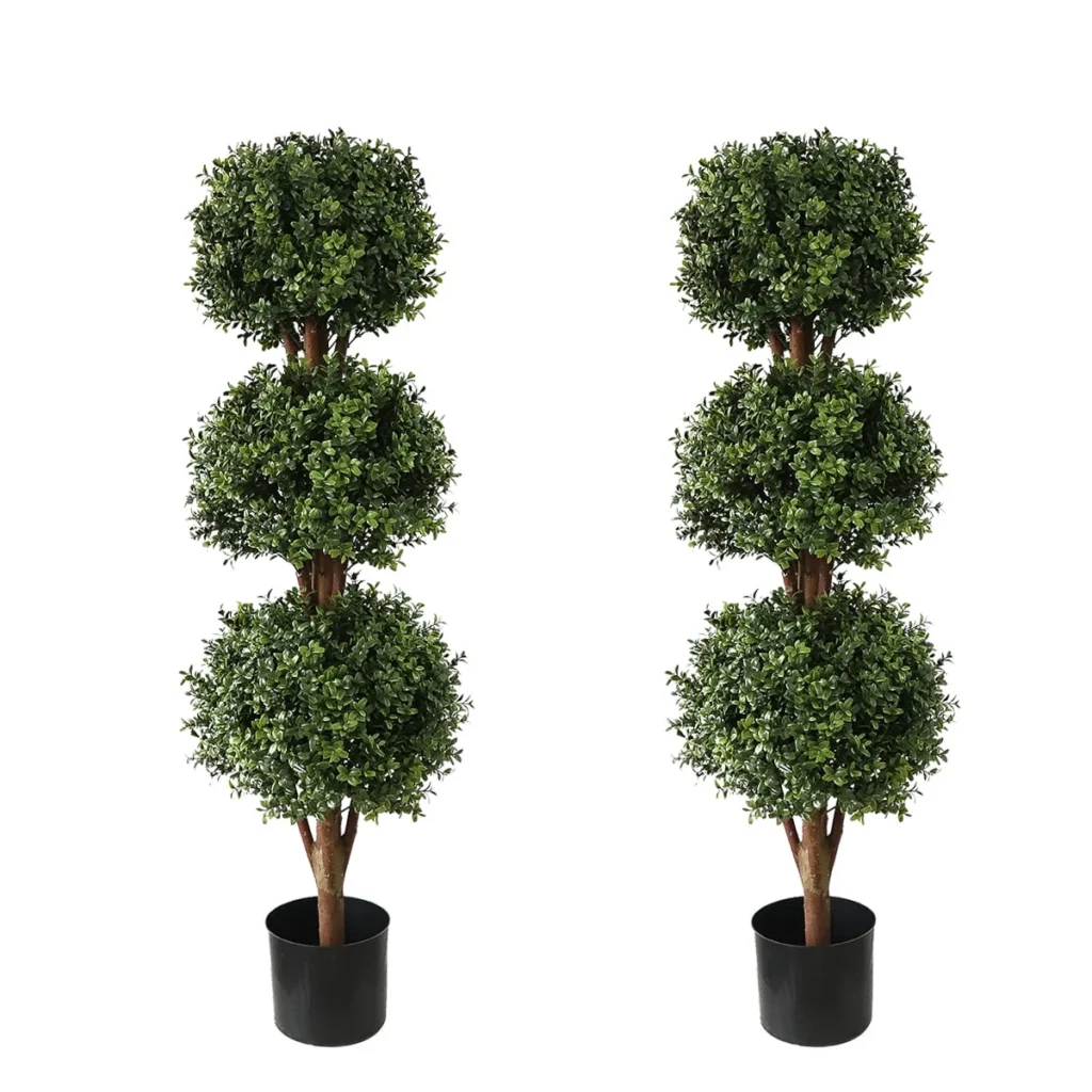 ROMSWI 3FT Artificial Triple Ball Boxwood Topiary Tree 2 Pack UV Resistant Faux Topiary Plant for All Season Home Office Porch Entryway Decor — close-up detail of design and finish
