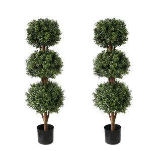 ROMSWI 3FT Artificial Triple Ball Boxwood Topiary Tree 2 Pack UV Resistant Faux Topiary Plant for All Season Home Office Porch Entryway Decor