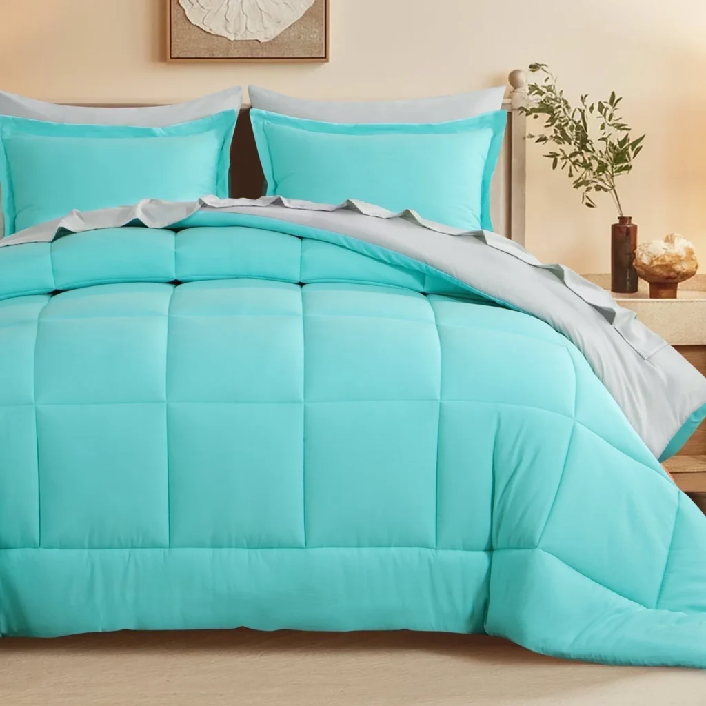 RUIKASI 7 Pieces Turquoise Light Grey Queen Bed Comforter Set with Sheets Bed in a Bag with Comforter and All Season Sheets Pillowcases