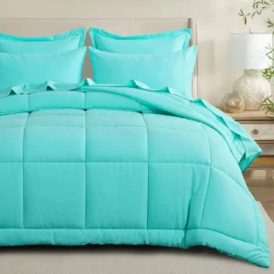 RUIKASI 7 Pieces Turquoise Light Grey Queen Bed Comforter Set with Sheets Bed in a Bag with Comforter and All Season Sheets Pillowcases