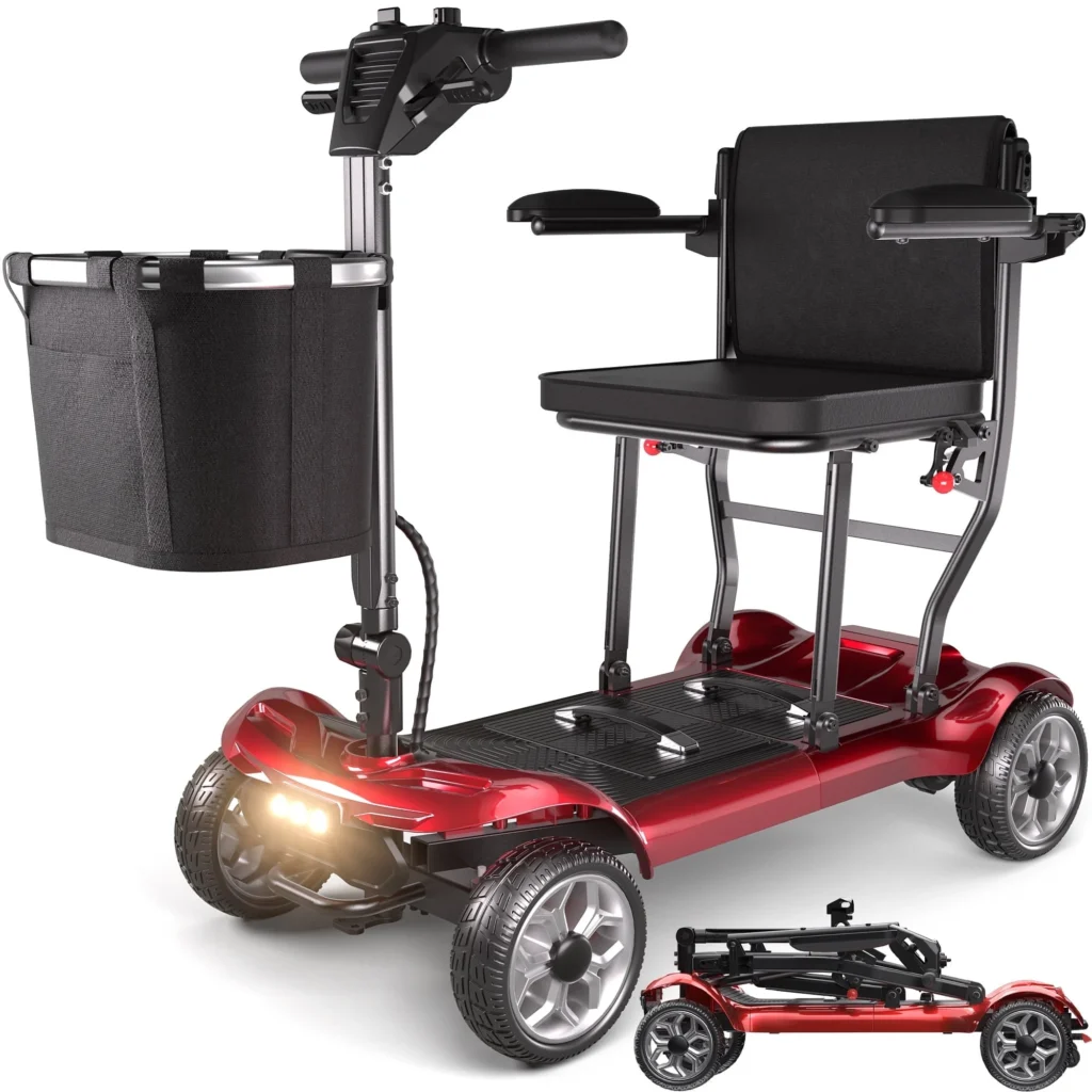 SACVON Foldable 4 Wheels Mobility Scooter for Seniors Aluminum Structure Lithium battery Suitable for travel 300 lbs Red
