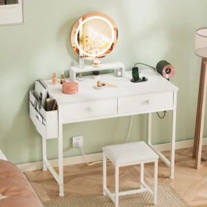 Satifur Vanity Desk with Mirror Lights GRWM Vanity with Drawers Storage Shelves Makeup Dressing Table with Charging Nature