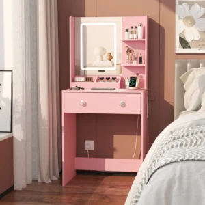 Satifur Vanity Desk with Mirror Lights GRWM Vanity with Drawers Storage Shelves Makeup Dressing Table with Charging Nature