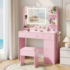 Satifur Vanity Desk with Mirror Lights GRWM Vanity with Drawers Storage Shelves Makeup Dressing Table with Charging Nature