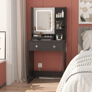 Satifur Vanity Desk with Mirror Lights GRWM Vanity with Drawers Storage Shelves Makeup Dressing Table with Charging Nature