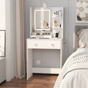 Satifur Vanity Desk with Mirror Lights GRWM Vanity with Drawers Storage Shelves Makeup Dressing Table with Charging Nature