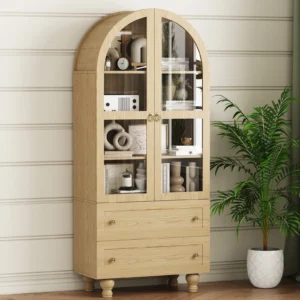 SEEDAY Arched Kitchen Pantry Cabinet 70 Inch Open Shelf Storage Cabine with 2 Doors 3 Shelves Black