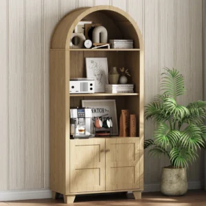 SEEDAY Arched Kitchen Pantry Cabinet 70 Inch Open Shelf Storage Cabine with 2 Doors 3 Shelves Black