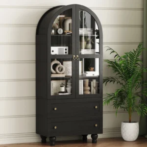 SEEDAY Arched Kitchen Pantry Cabinet 70 Inch Open Shelf Storage Cabine with 2 Doors 3 Shelves Black
