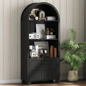 SEEDAY Arched Kitchen Pantry Cabinet 70 Inch Open Shelf Storage Cabine with 2 Doors 3 Shelves Black