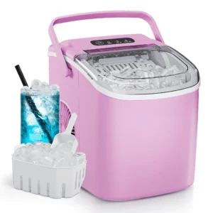 Simzlife Countertop Ice Maker with Handle 9 bullet ice in 6 Mins 26Lbs 24H Self Cleaning Portable Ice Maker with Basket and Scoop