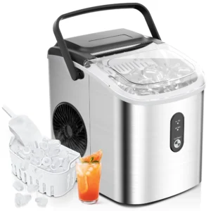 Simzlife Countertop Ice Maker with Handle Portable Ice Machine with Basket and Scoop 9 Bullet Ice In 6 Mins 26Lbs 24H Self Cleaning