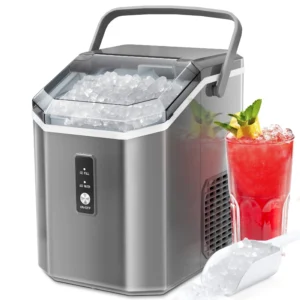 Simzlife Nugget Ice Maker Countertop with Handle Ready in 6 Mins with Chewable Ice 34lbs 24H Self Cleaning Black
