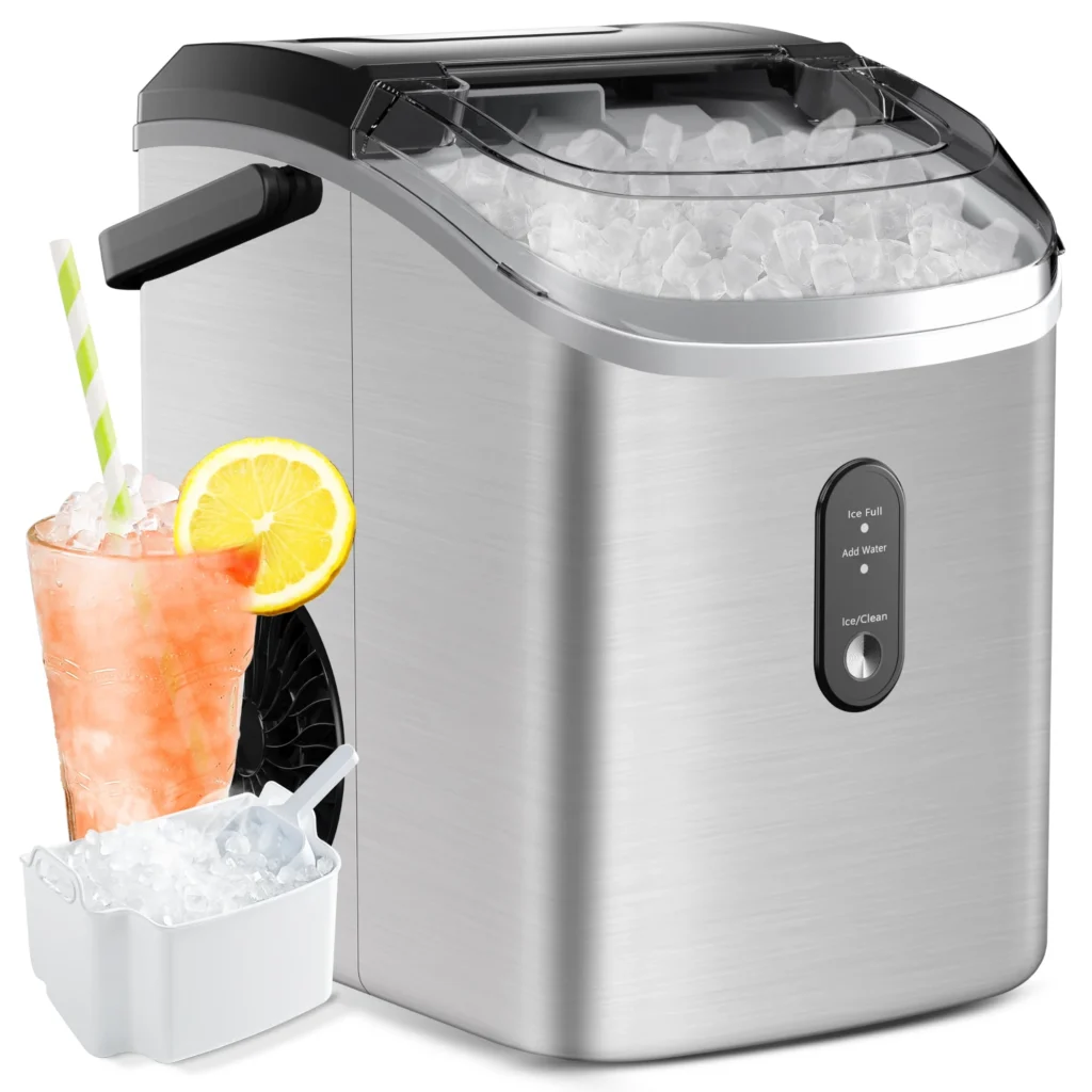 Simzlife Nugget Ice Maker Countertop with Handle Ready in 6 Mins with Chewable Ice 34lbs 24H Self Cleaning Black