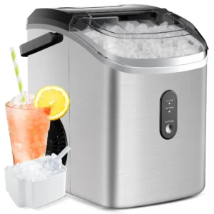 Simzlife Nugget Ice Maker Countertop with Handle Ready in 6 Mins with Chewable Ice 34lbs 24H Self Cleaning Black