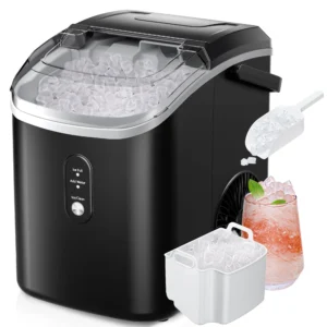 Simzlife Nugget Ice Maker Countertop with Handle Ready in 6 Mins with Chewable Ice 34lbs 24H Self Cleaning Black
